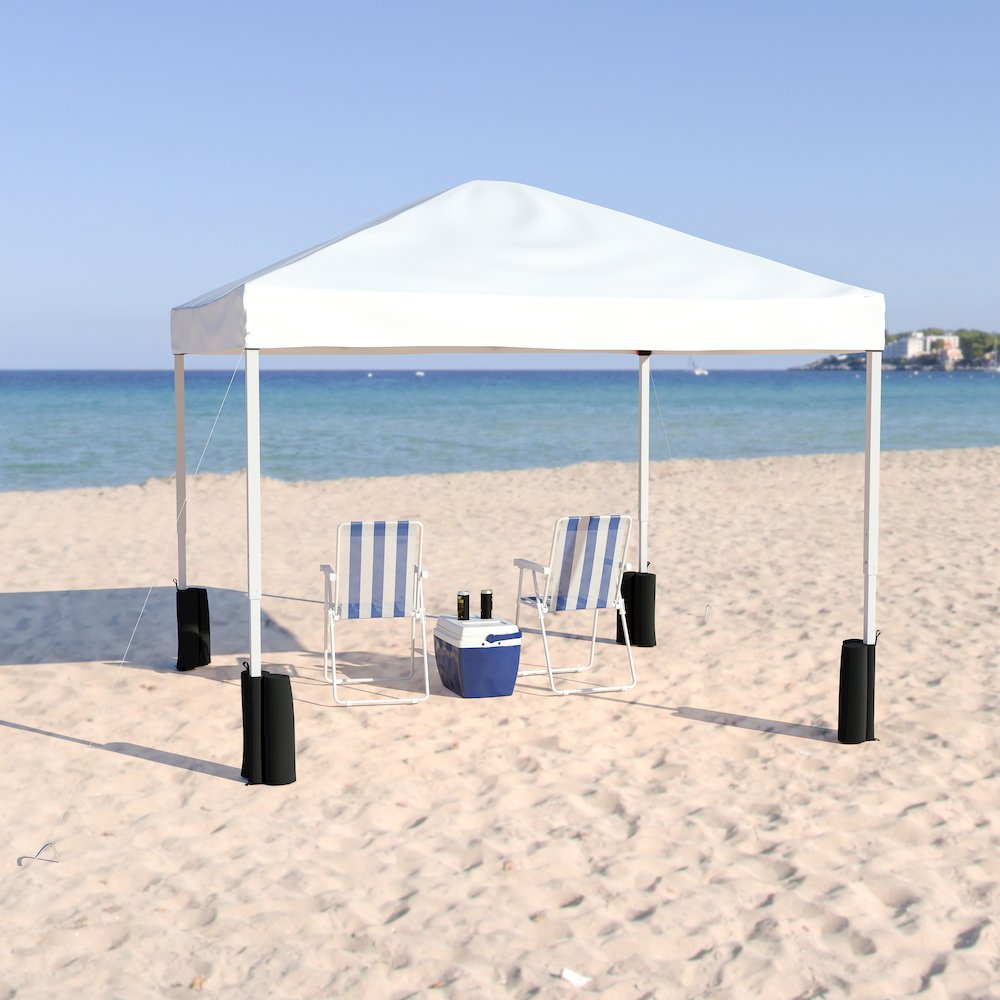 10’x10′ White Event Straight Leg Canopy Tent with Sandbags and Wheeled Case
