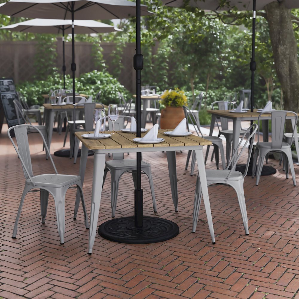 Contemporary 36″ Square Commercial Dining Table for 4 with Umbrella Hole