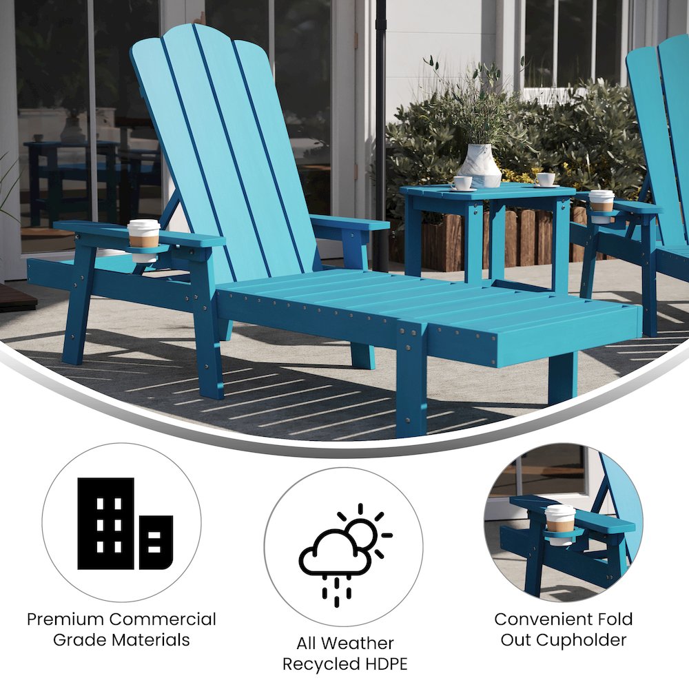 3 Piece Set with 2 Adjustable HDPE Loungers and 2-Tier Side Table in Blue