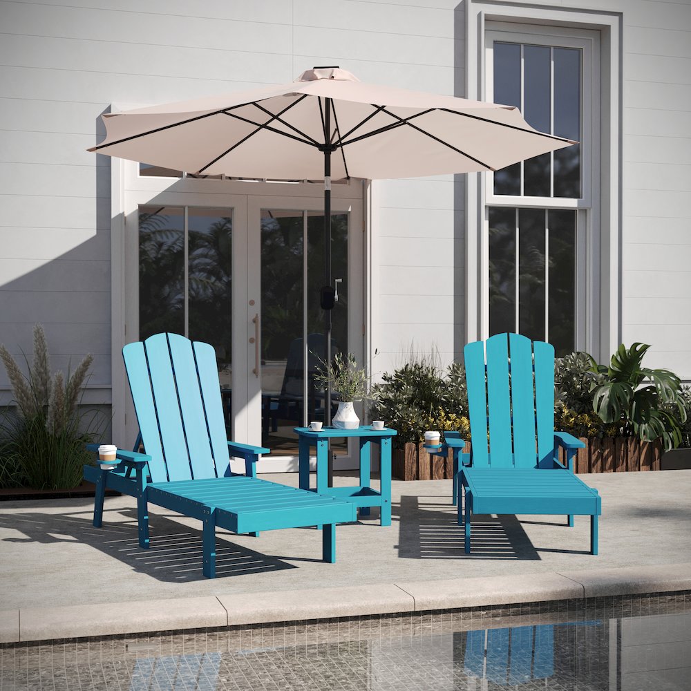 3 Piece Set with 2 Adjustable HDPE Loungers and 2-Tier Side Table in Blue