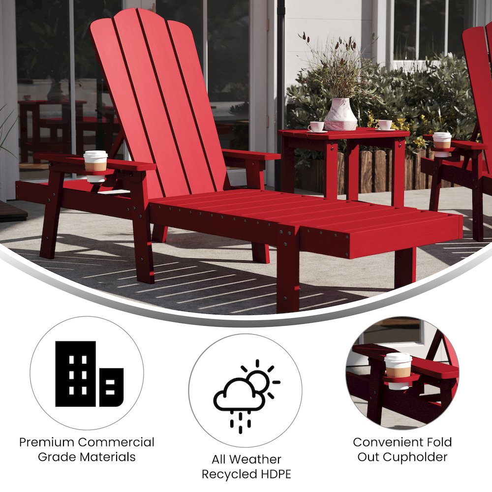 3 Piece Set with 2 Adjustable HDPE Loungers and 2-Tier Side Table in Red
