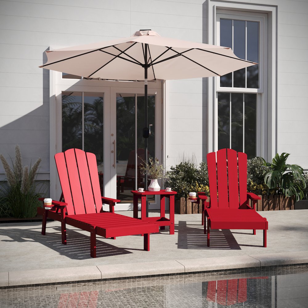 3 Piece Set with 2 Adjustable HDPE Loungers and 2-Tier Side Table in Red