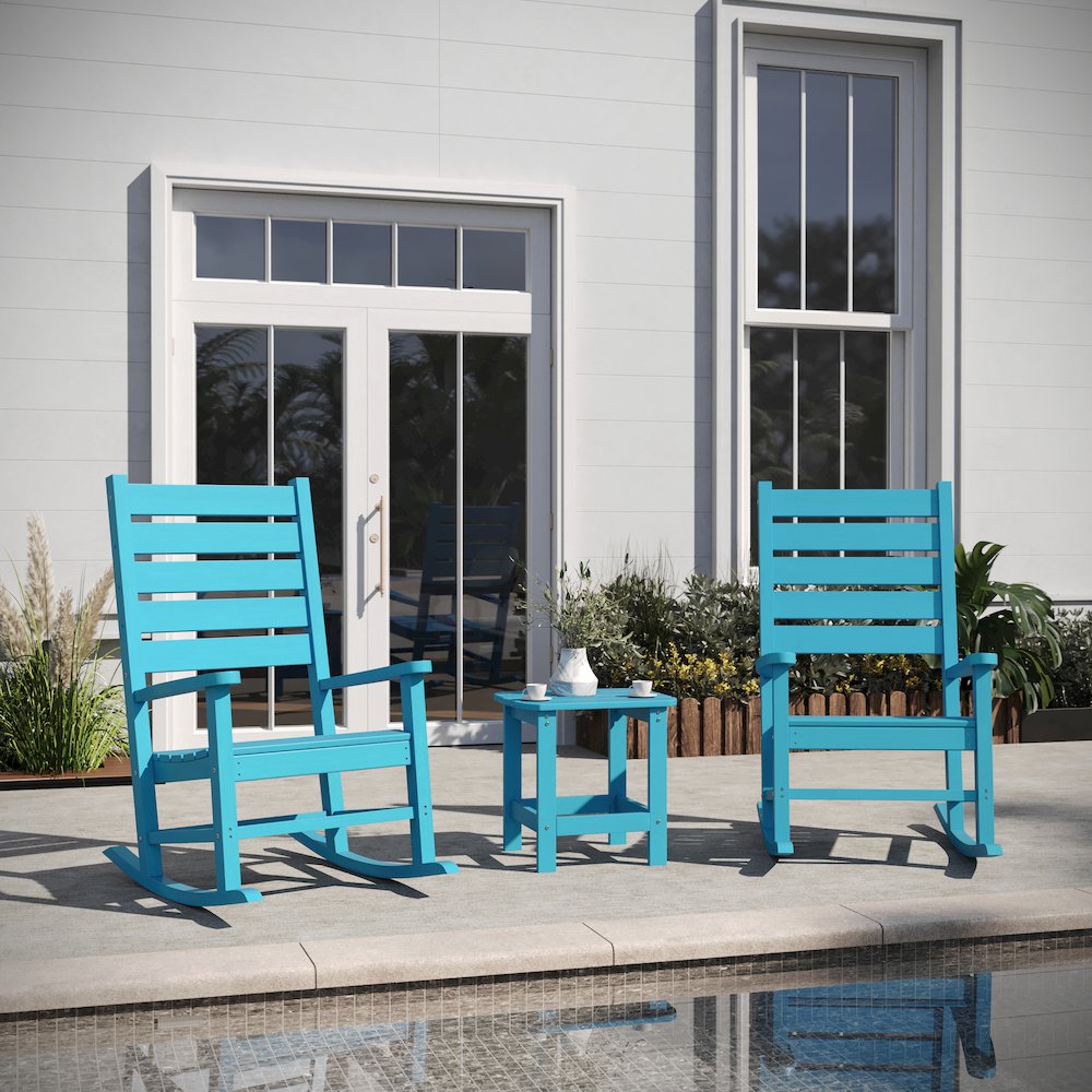 3-Piece Set with 2 Contemporary All-Weather Rocking Chairs and End Table in Blue