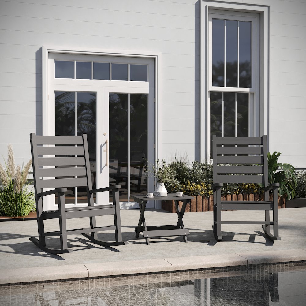 3-Piece Set with 2 Contemporary All-Weather Rocking Chairs and End Table in Gray