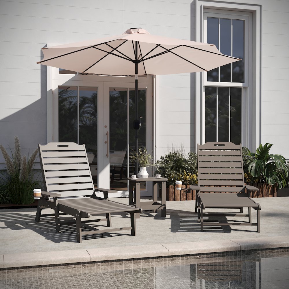 3-Piece Set with 2 Adjustable HDPE Loungers and 2-Tier Side Table in Brown