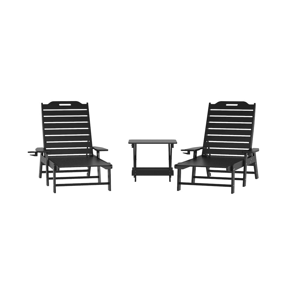 3-Piece Set with 2 Adjustable HDPE Loungers and Folding Side Table in Black