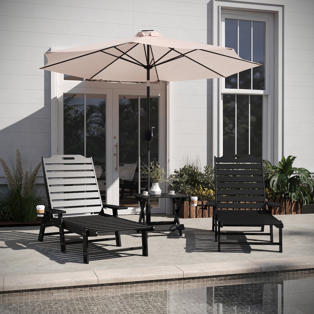 3-Piece Set with 2 Adjustable HDPE Loungers and Folding Side Table in Black