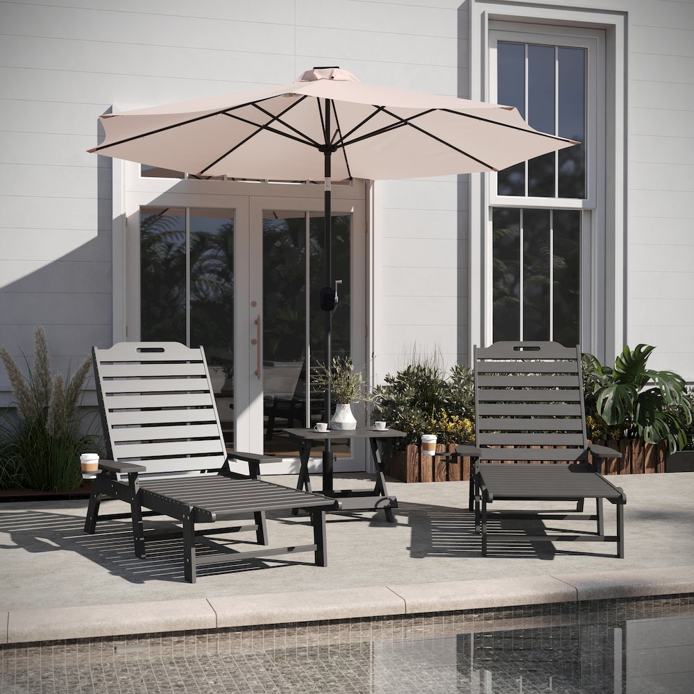 3-Piece Set with 2 Adjustable HDPE Loungers and Folding Side Table in Gray