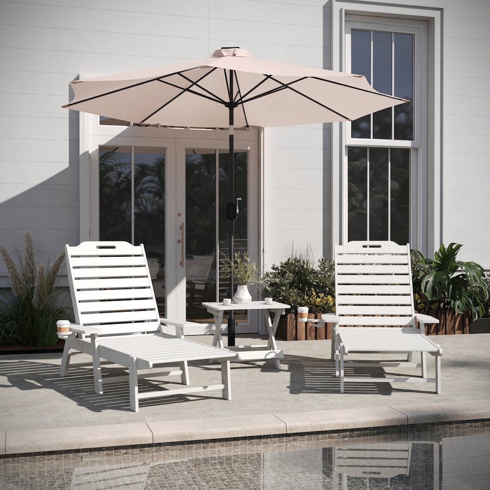 3-Piece Set with 2 Adjustable HDPE Loungers and Folding Side Table in White