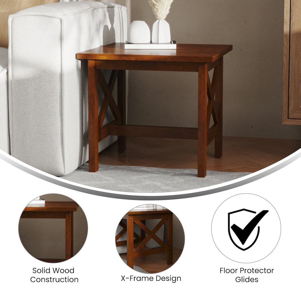 Farmhouse Style Solid Wood End Table with Traditional X-Frame Design in Walnut