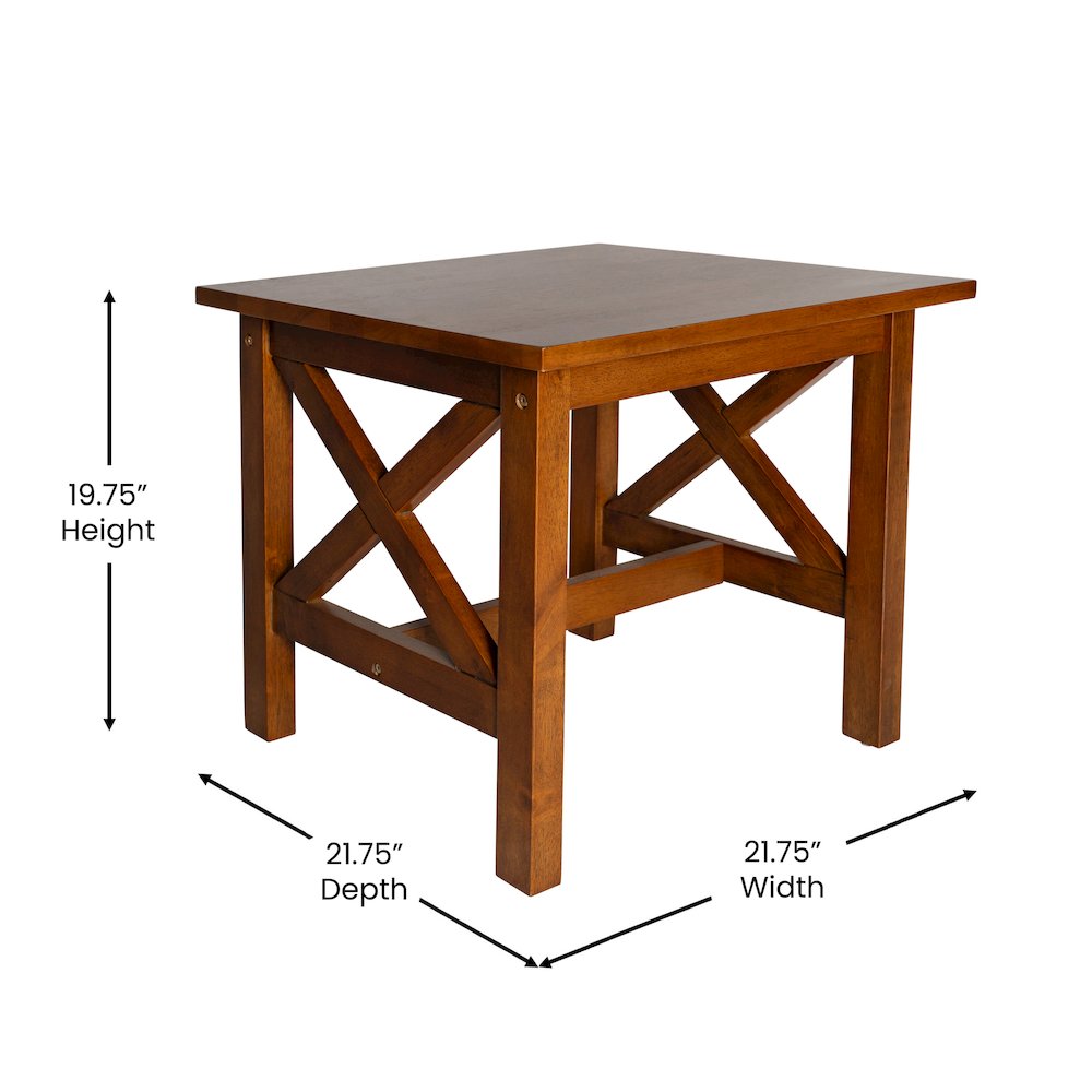 Farmhouse Style Solid Wood End Table with Traditional X-Frame Design in Walnut