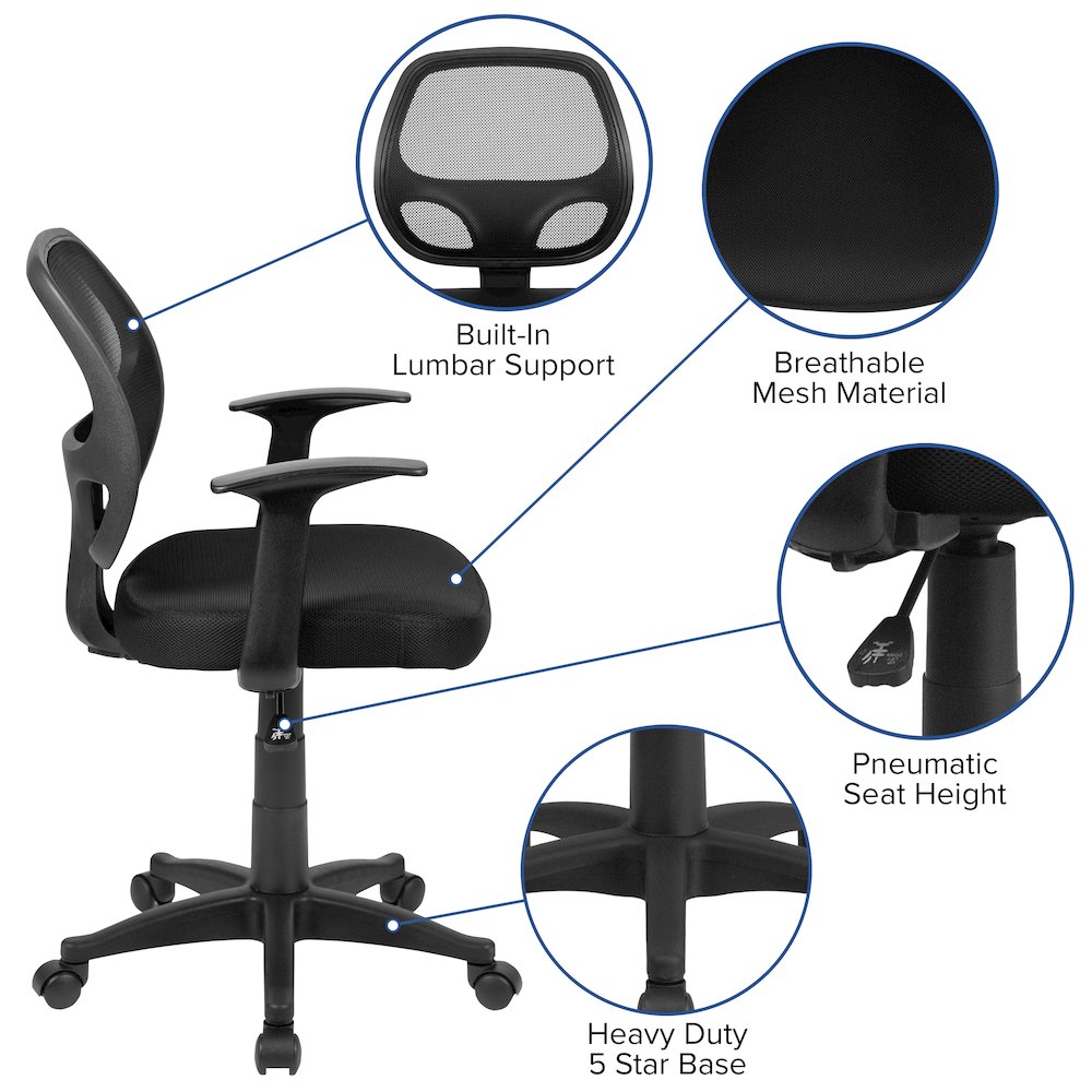 Mid-Back Black Mesh Swivel Ergonomic Task Office Chair with T-Arms – Desk Chair