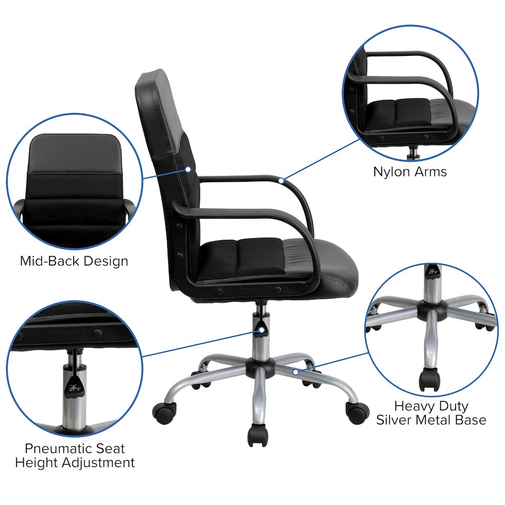 Mid-Back Black LeatherSoft and Mesh Swivel Task Office Chair with Arms