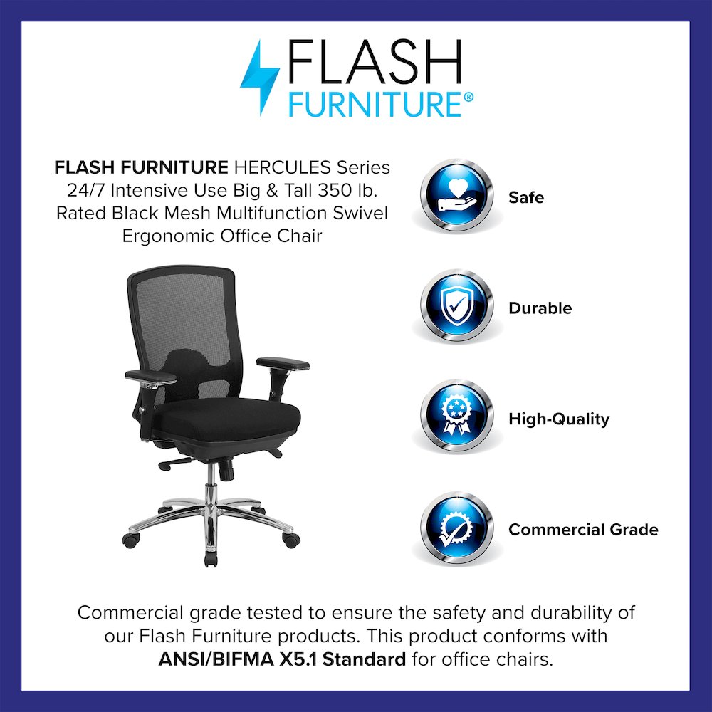 24/7 Intensive Use 350 lb. Rated Black Mesh Multifunction Swivel Office Chair