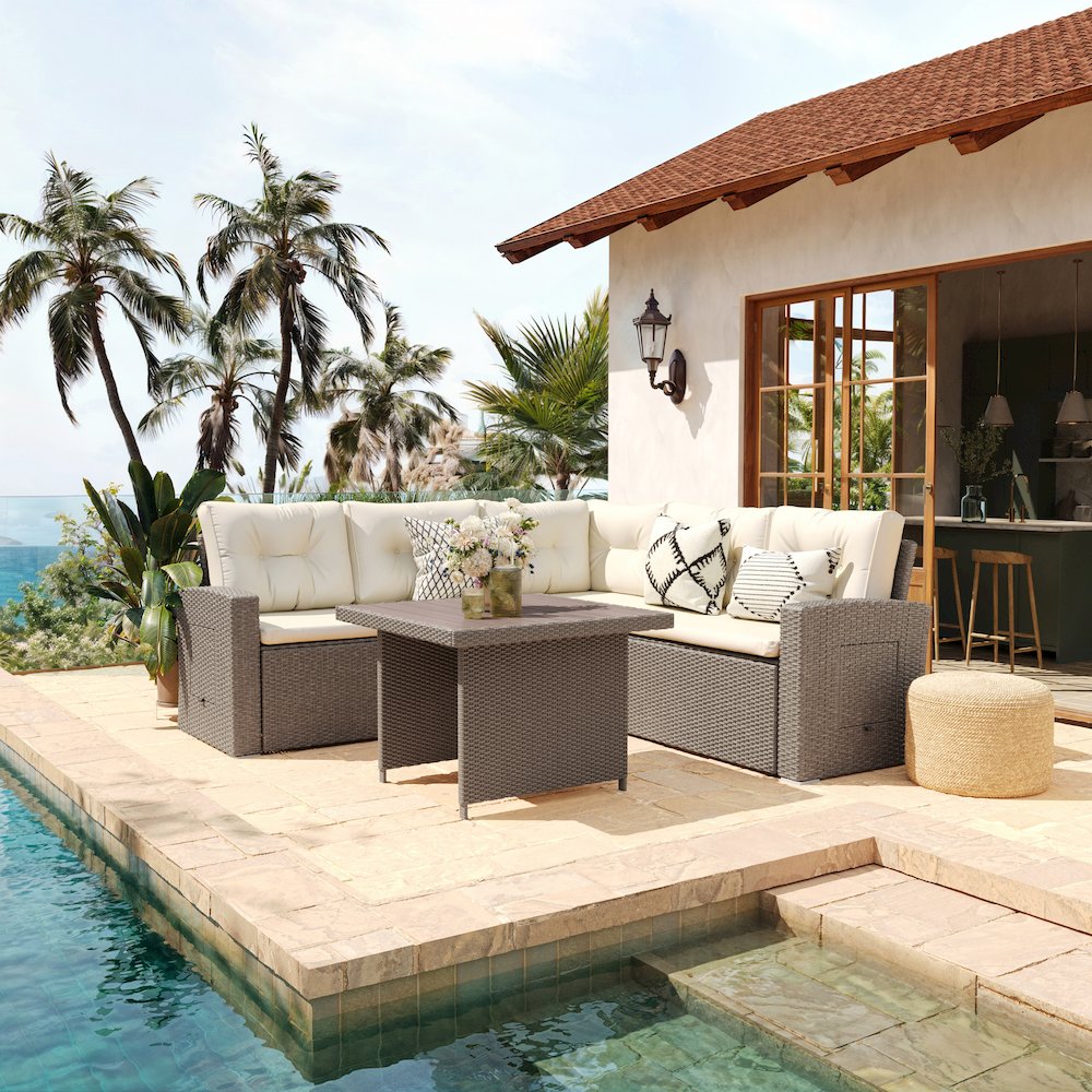 Set With L-Shaped Sofa and Table With Faux Wood Top