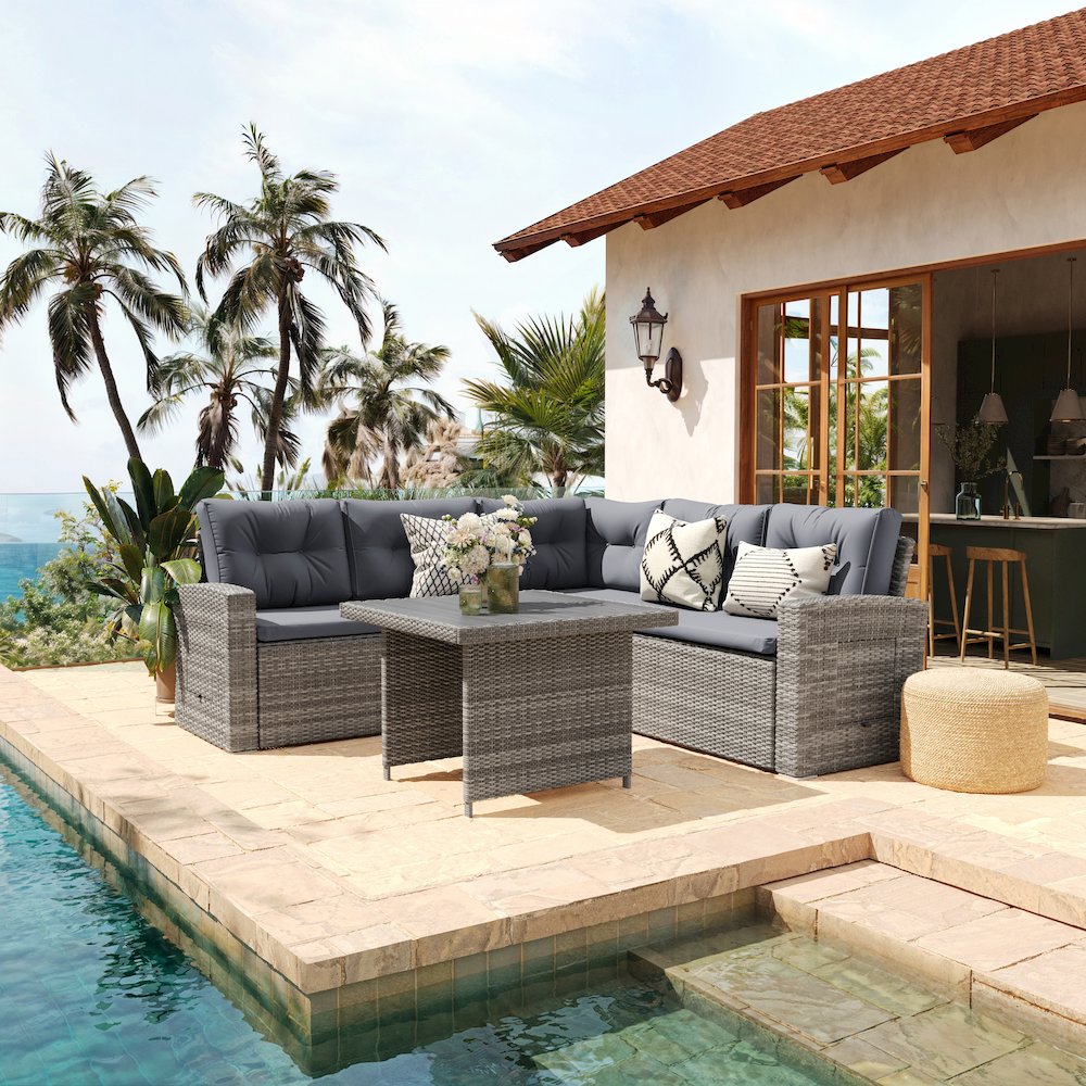 Set With L-Shaped Sofa and Table With Faux Wood Top