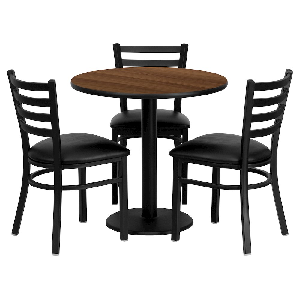 30” Round Walnut Table Set with 3 Ladder Back Metal Chairs – Black Vinyl Seat