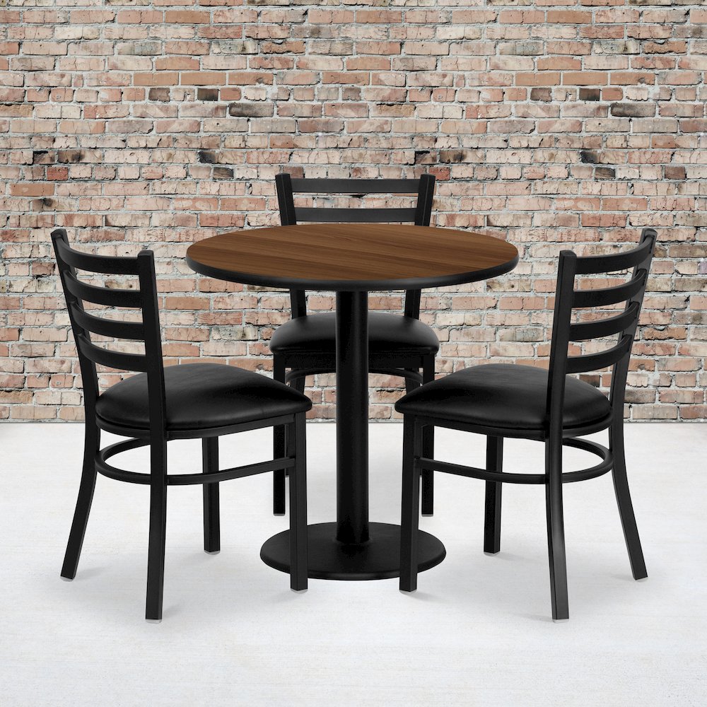 30” Round Walnut Table Set with 3 Ladder Back Metal Chairs – Black Vinyl Seat