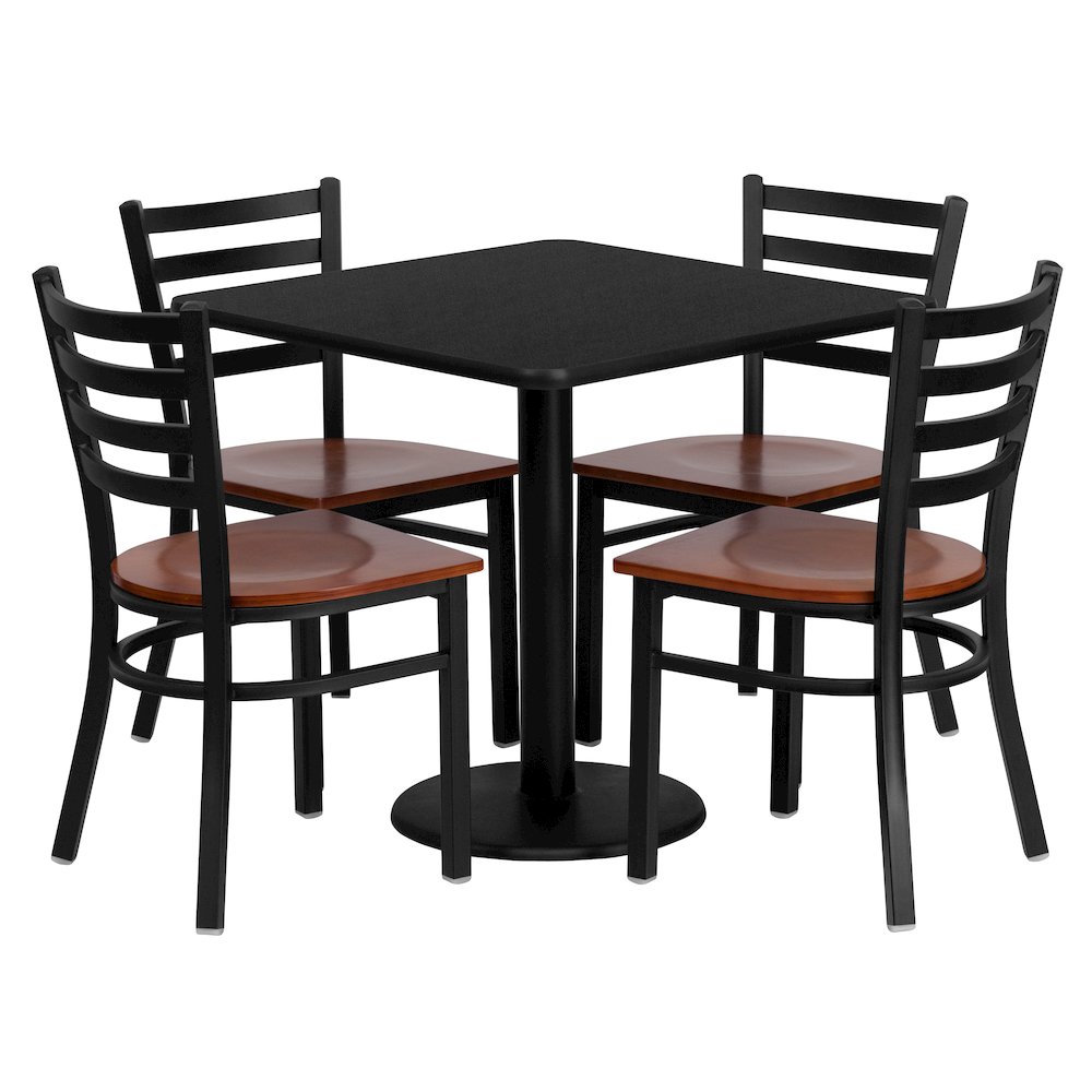 30” Square Black Table Set with 4 Ladder Back Metal Chairs – Cherry Wood Seat