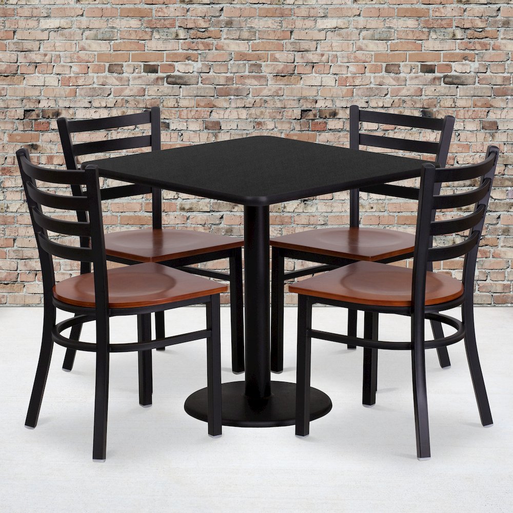 30” Square Black Table Set with 4 Ladder Back Metal Chairs – Cherry Wood Seat