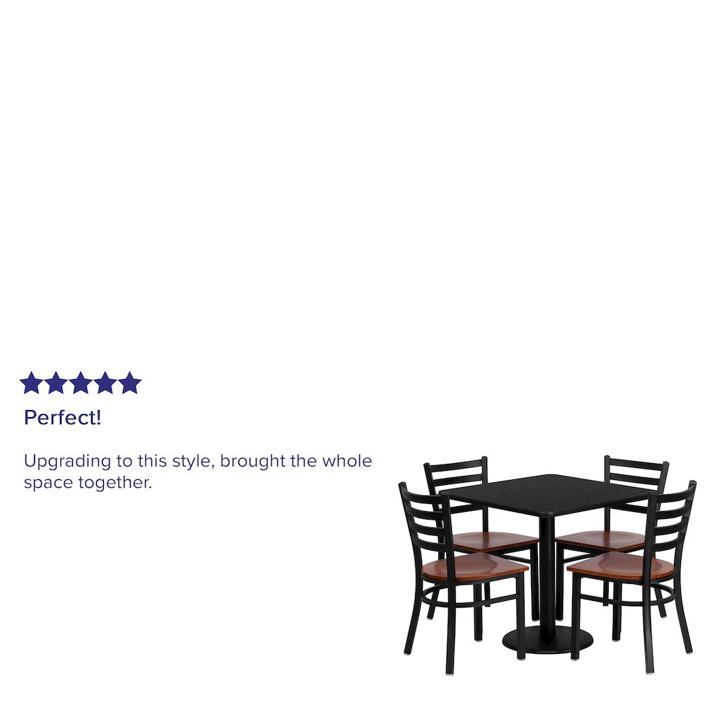 30” Square Black Table Set with 4 Ladder Back Metal Chairs – Cherry Wood Seat