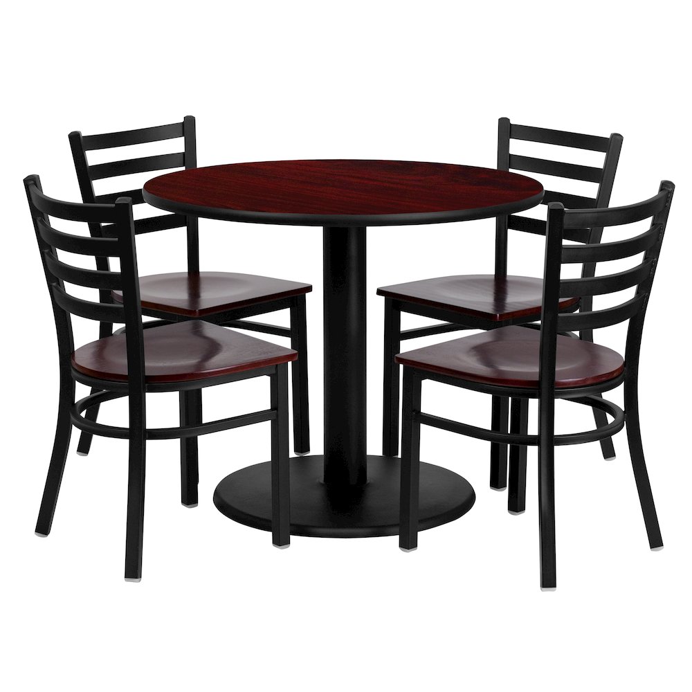 36” Mahogany Table Set with 4 Ladder Back Metal Chairs – Mahogany Wood Seat