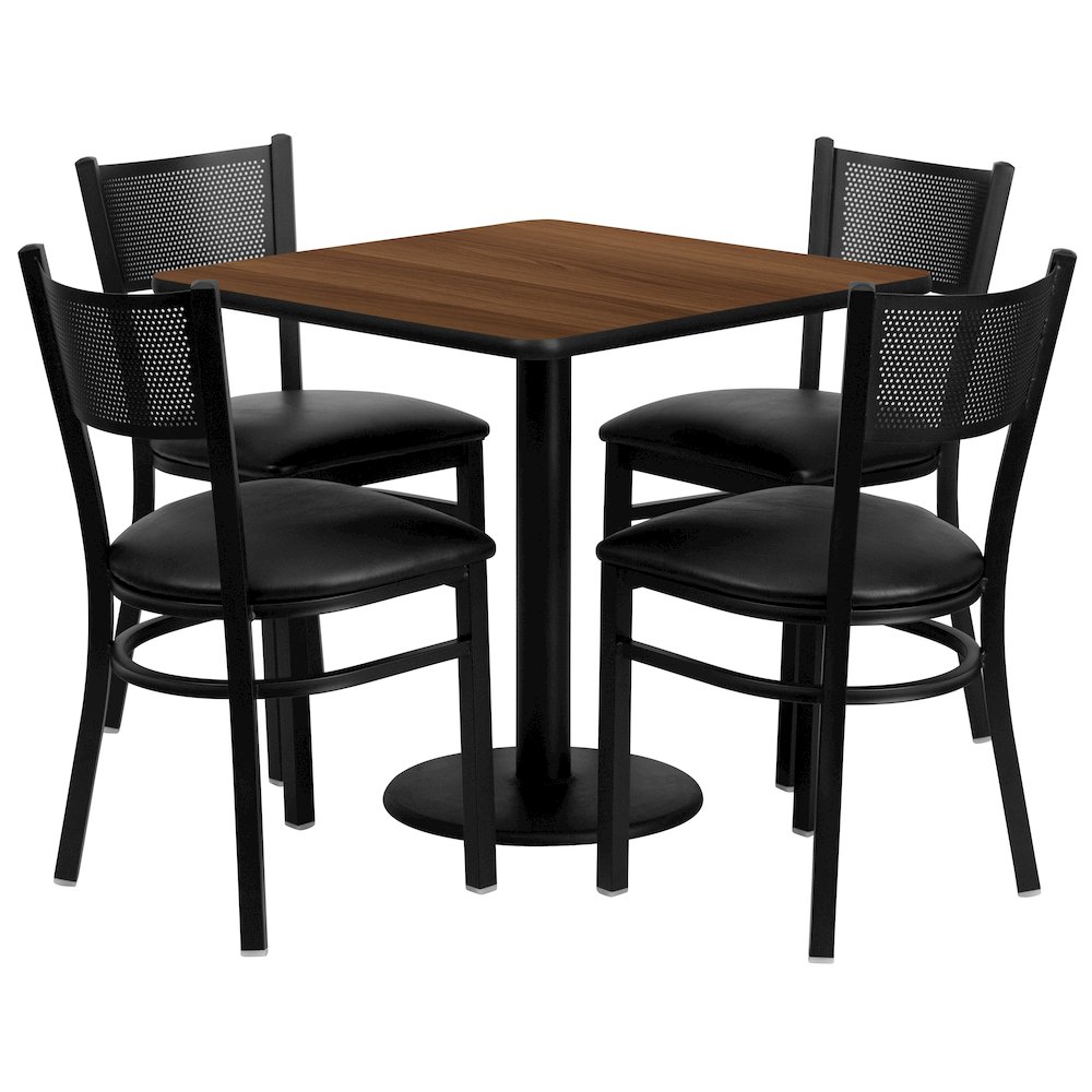 30” Square Walnut Table Set with 4 Grid Back Metal Chairs – Black Vinyl Seat