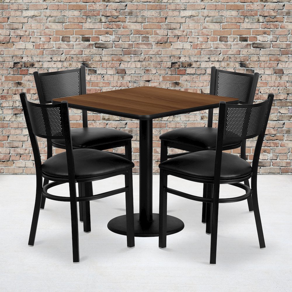 30” Square Walnut Table Set with 4 Grid Back Metal Chairs – Black Vinyl Seat