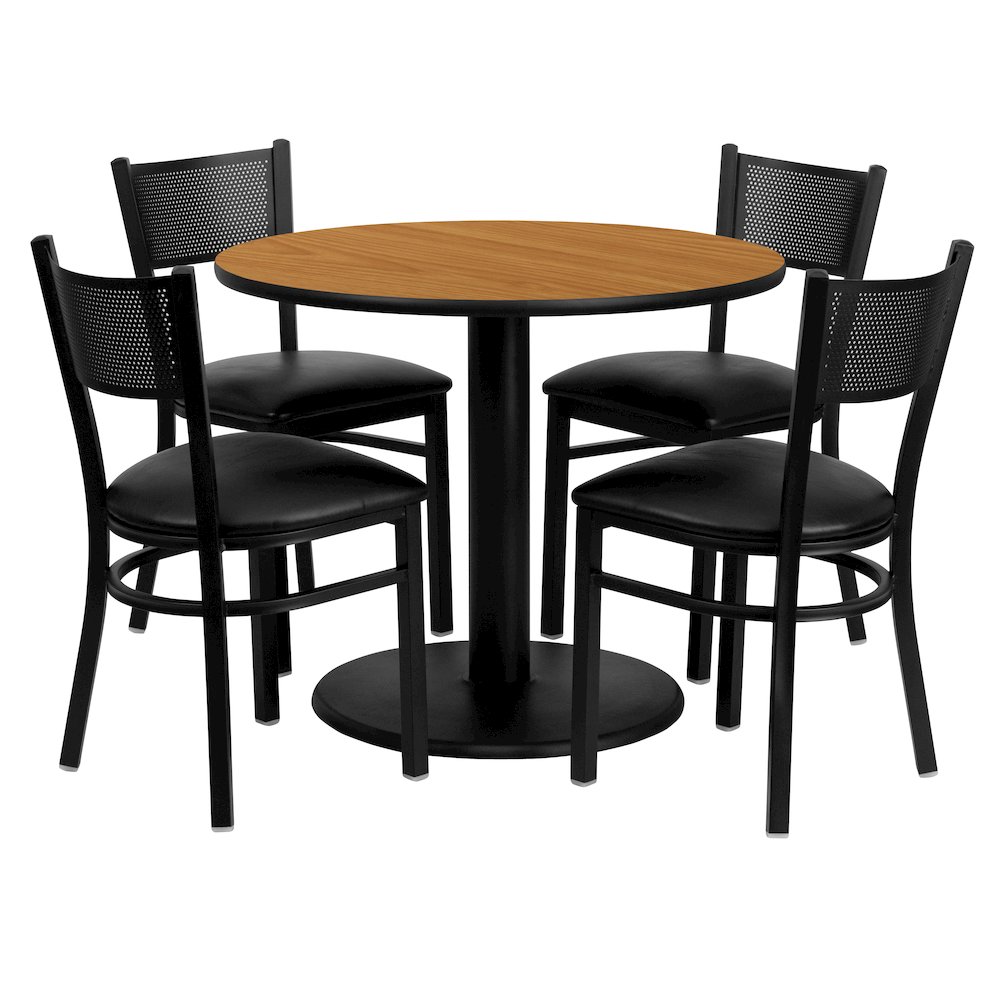 36” Round Natural Table Set with 4 Grid Back Metal Chairs – Black Vinyl Seat