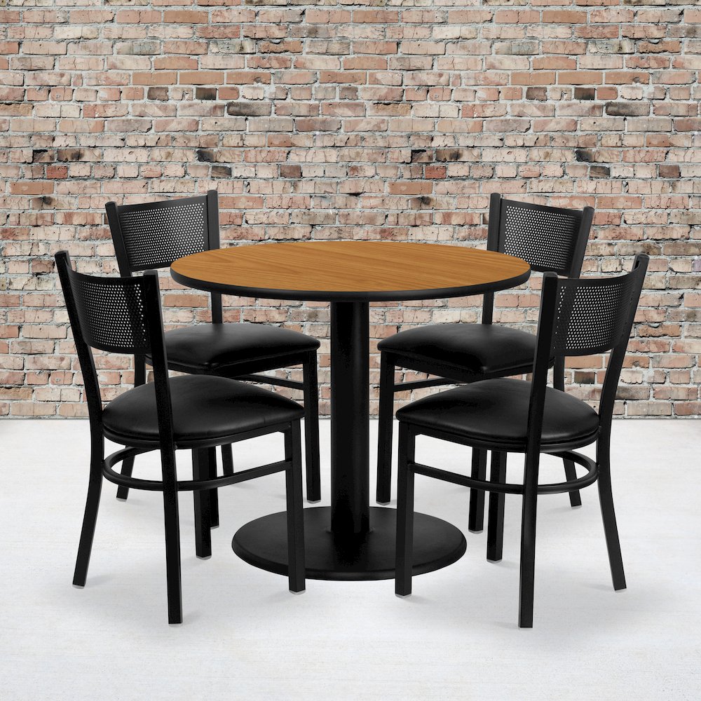 36” Round Natural Table Set with 4 Grid Back Metal Chairs – Black Vinyl Seat