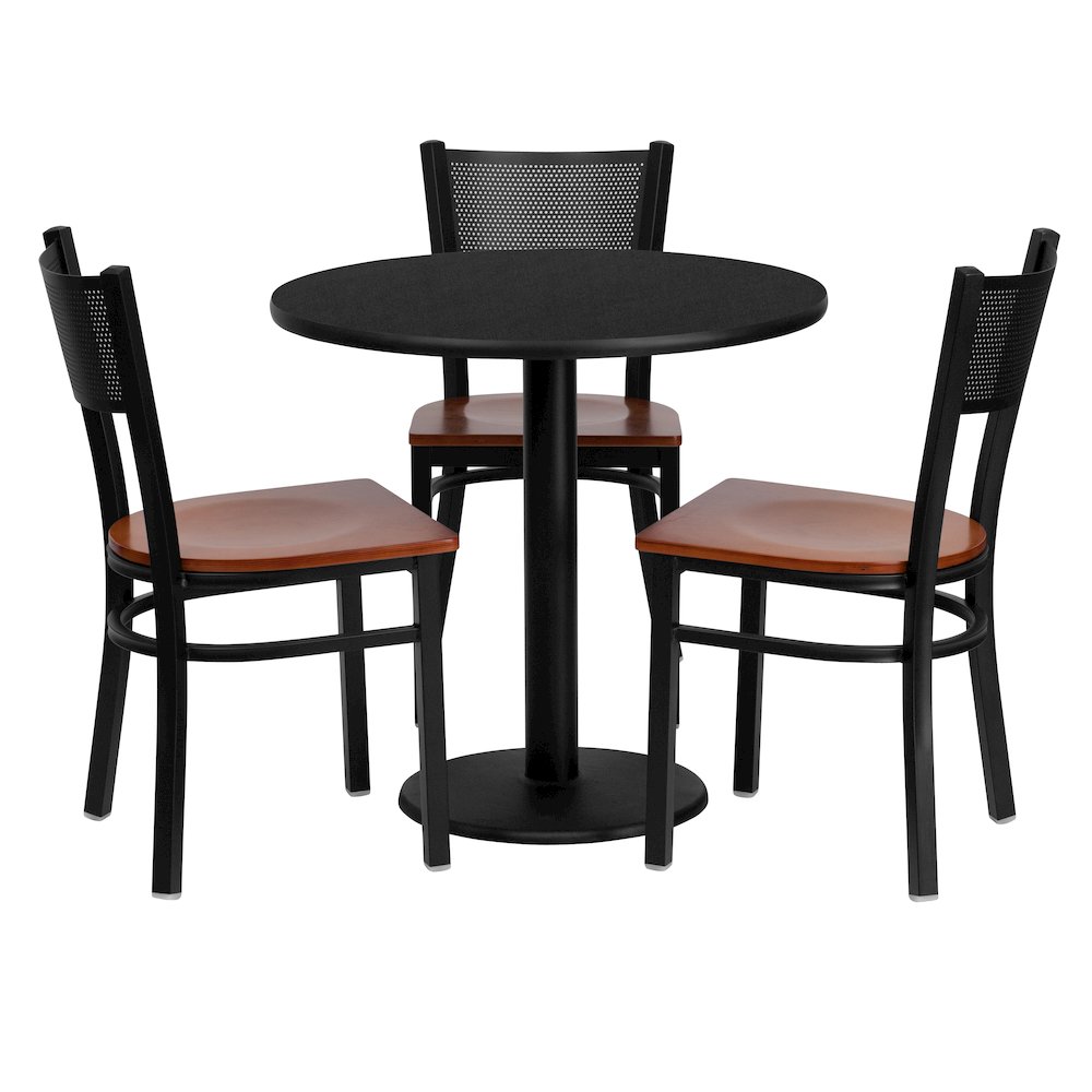 30” Round Black Table Set with 3 Grid Back Metal Chairs – Cherry Wood Seat
