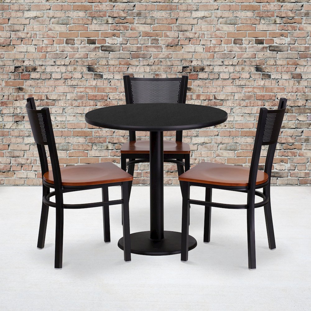 30” Round Black Table Set with 3 Grid Back Metal Chairs – Cherry Wood Seat