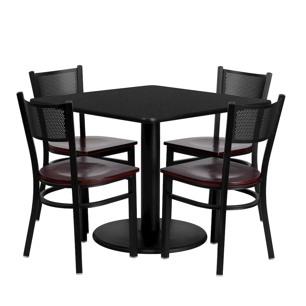 36” Square Black Table Set with 4 Grid Back Metal Chairs – Mahogany Wood Seat