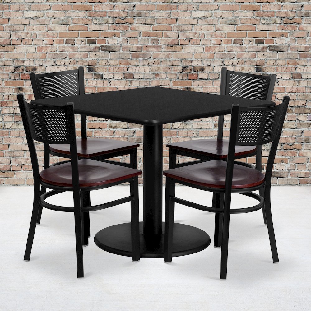 36” Square Black Table Set with 4 Grid Back Metal Chairs – Mahogany Wood Seat