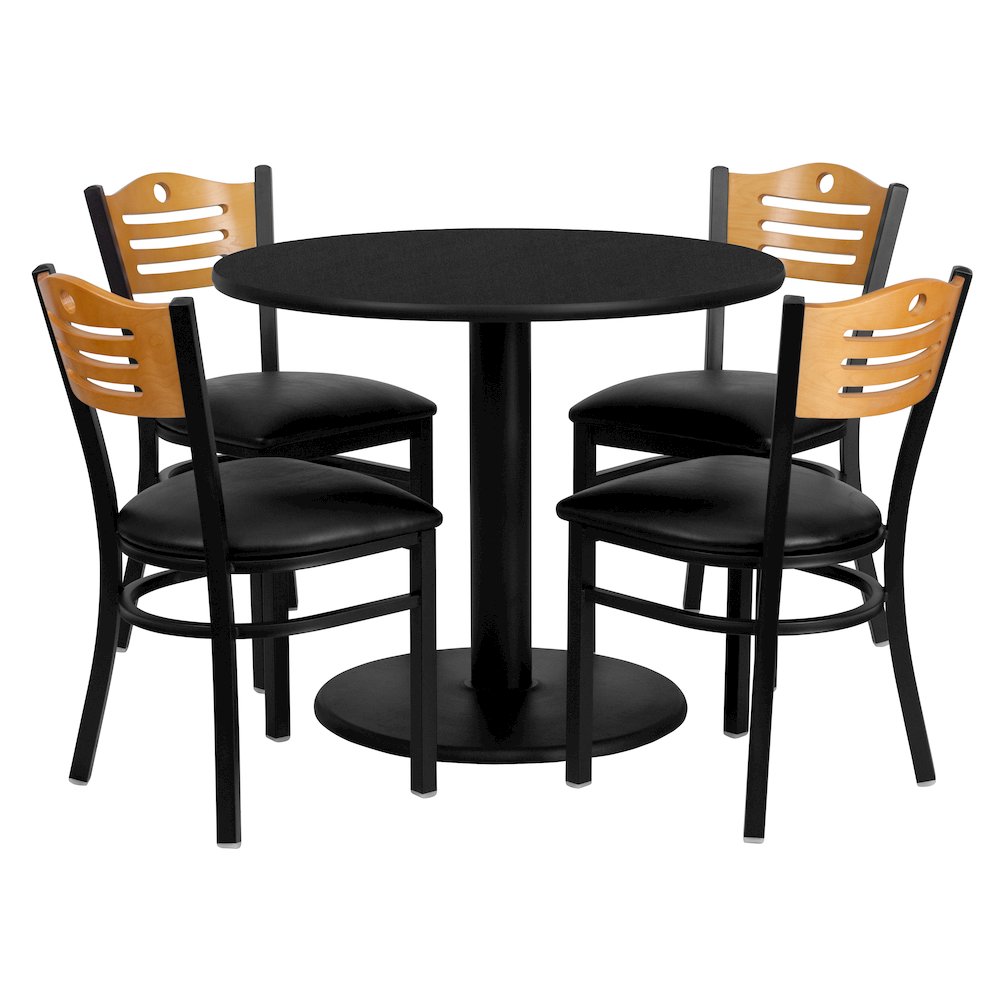 36” Round Black Table Set with 4 Wood Slat Back Metal Chairs – Black Vinyl Seat