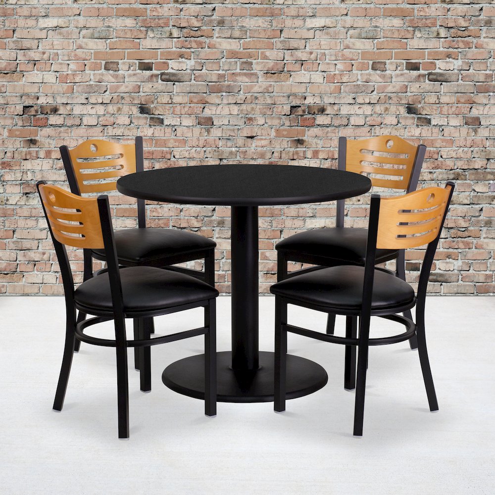 36” Round Black Table Set with 4 Wood Slat Back Metal Chairs – Black Vinyl Seat