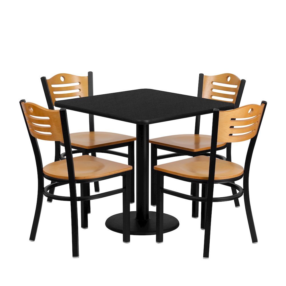 30” Black Table Set with 4 Wood Slat Back Metal Chairs – Natural Wood Seat