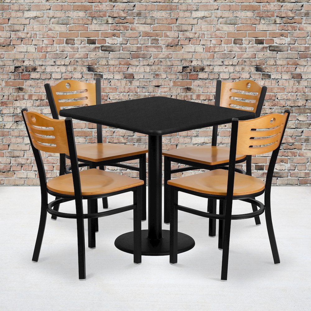 30” Black Table Set with 4 Wood Slat Back Metal Chairs – Natural Wood Seat