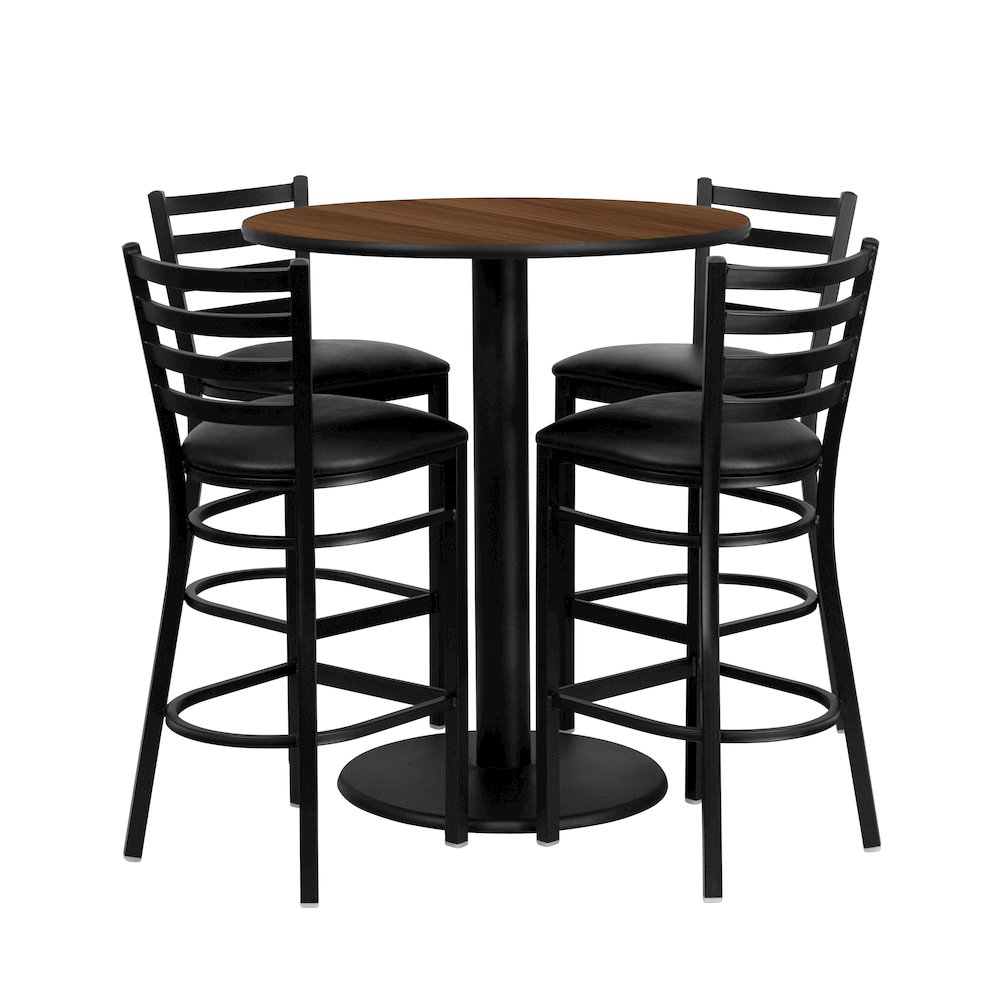 36” Walnut Table Set with 4 Ladder Back Metal Barstools – Black Vinyl Seat