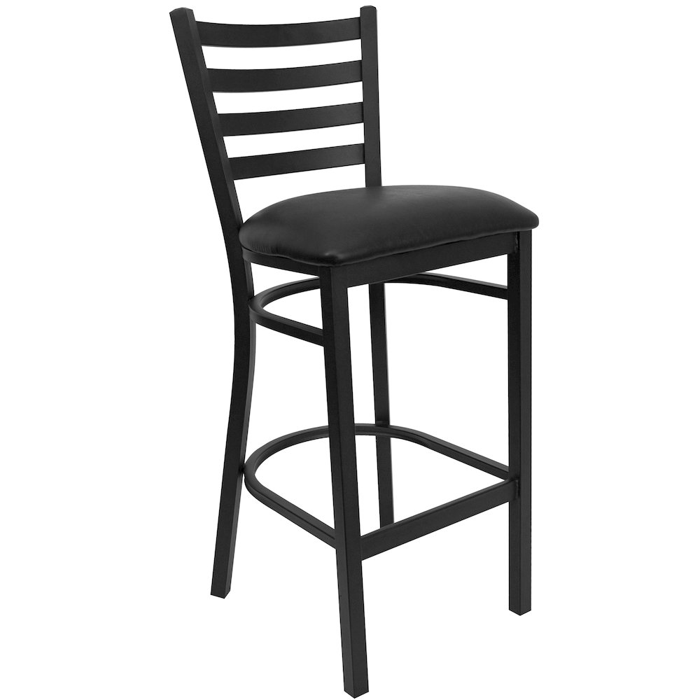 36” Walnut Table Set with 4 Ladder Back Metal Barstools – Black Vinyl Seat