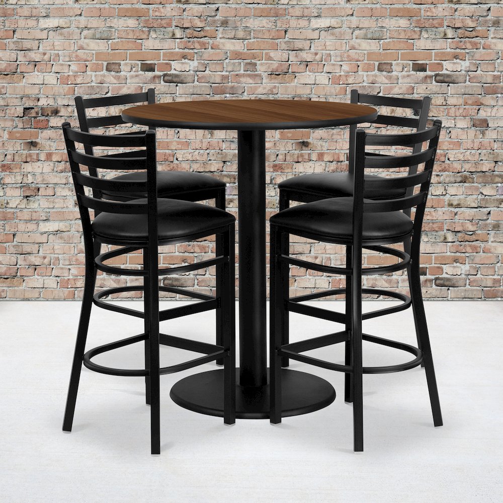 36” Walnut Table Set with 4 Ladder Back Metal Barstools – Black Vinyl Seat