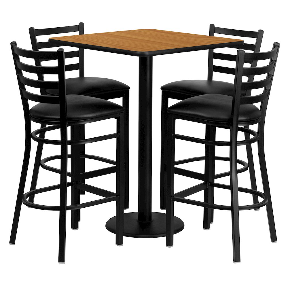 30” Natural Table Set with 4 Ladder Back Metal Barstools – Black Vinyl Seat