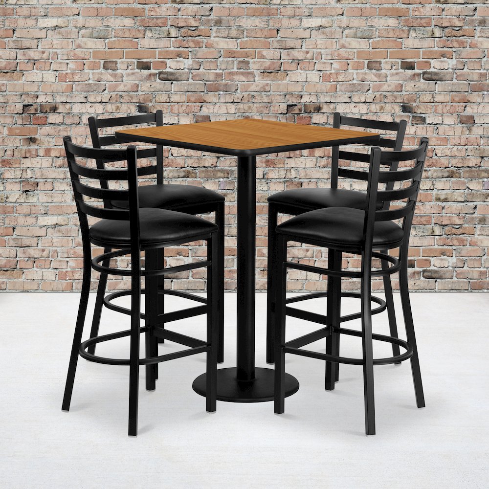 30” Natural Table Set with 4 Ladder Back Metal Barstools – Black Vinyl Seat