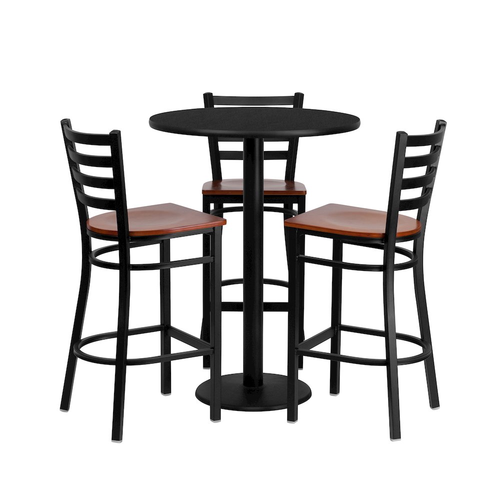 30” Round Black Table Set with 3 Ladder Back Metal Barstools – Cherry Wood Seat