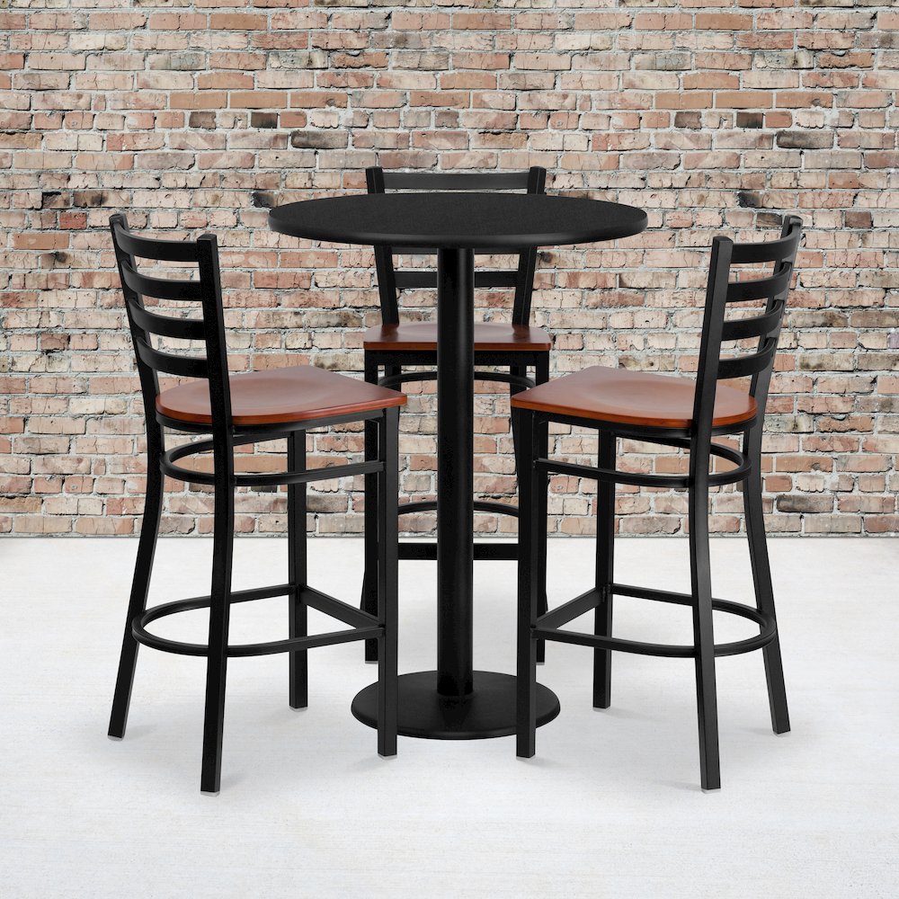 30” Round Black Table Set with 3 Ladder Back Metal Barstools – Cherry Wood Seat