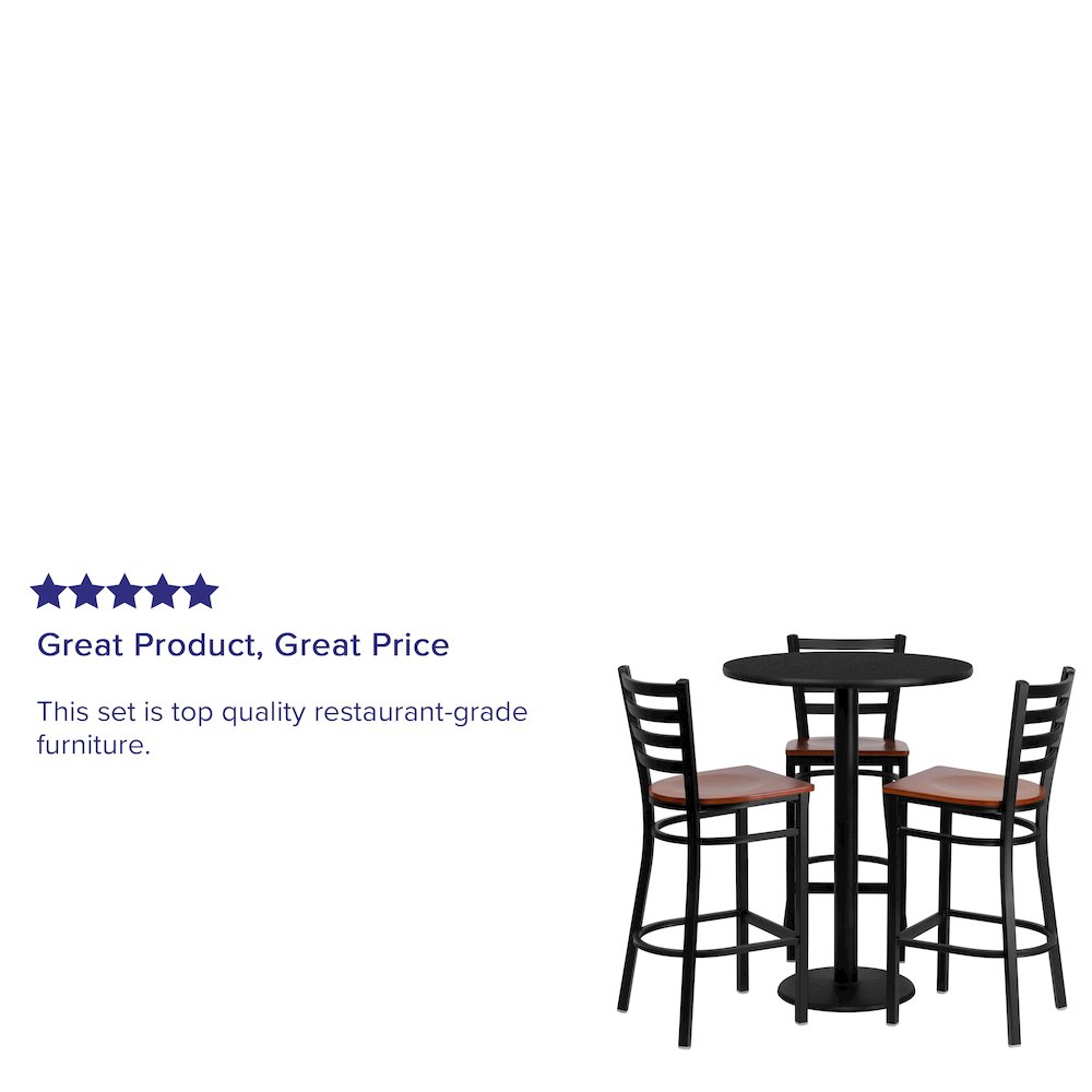 30” Round Black Table Set with 3 Ladder Back Metal Barstools – Cherry Wood Seat