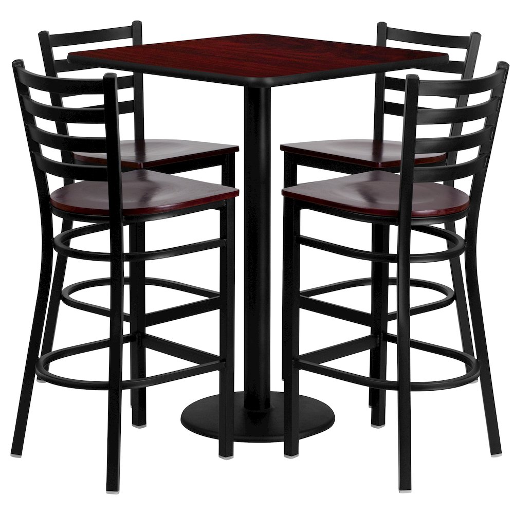 30” Mahogany Table Set with 4 Ladder Back Metal Barstools – Mahogany Wood Seat