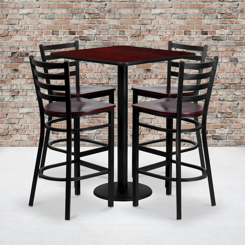 30” Mahogany Table Set with 4 Ladder Back Metal Barstools – Mahogany Wood Seat