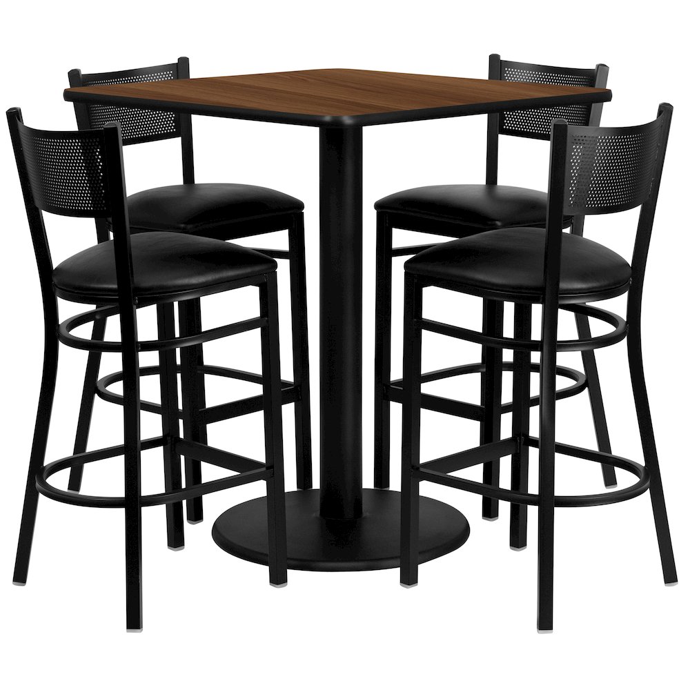 36” Square Walnut Table Set with 4 Grid Back Metal Barstools – Black Vinyl Seat