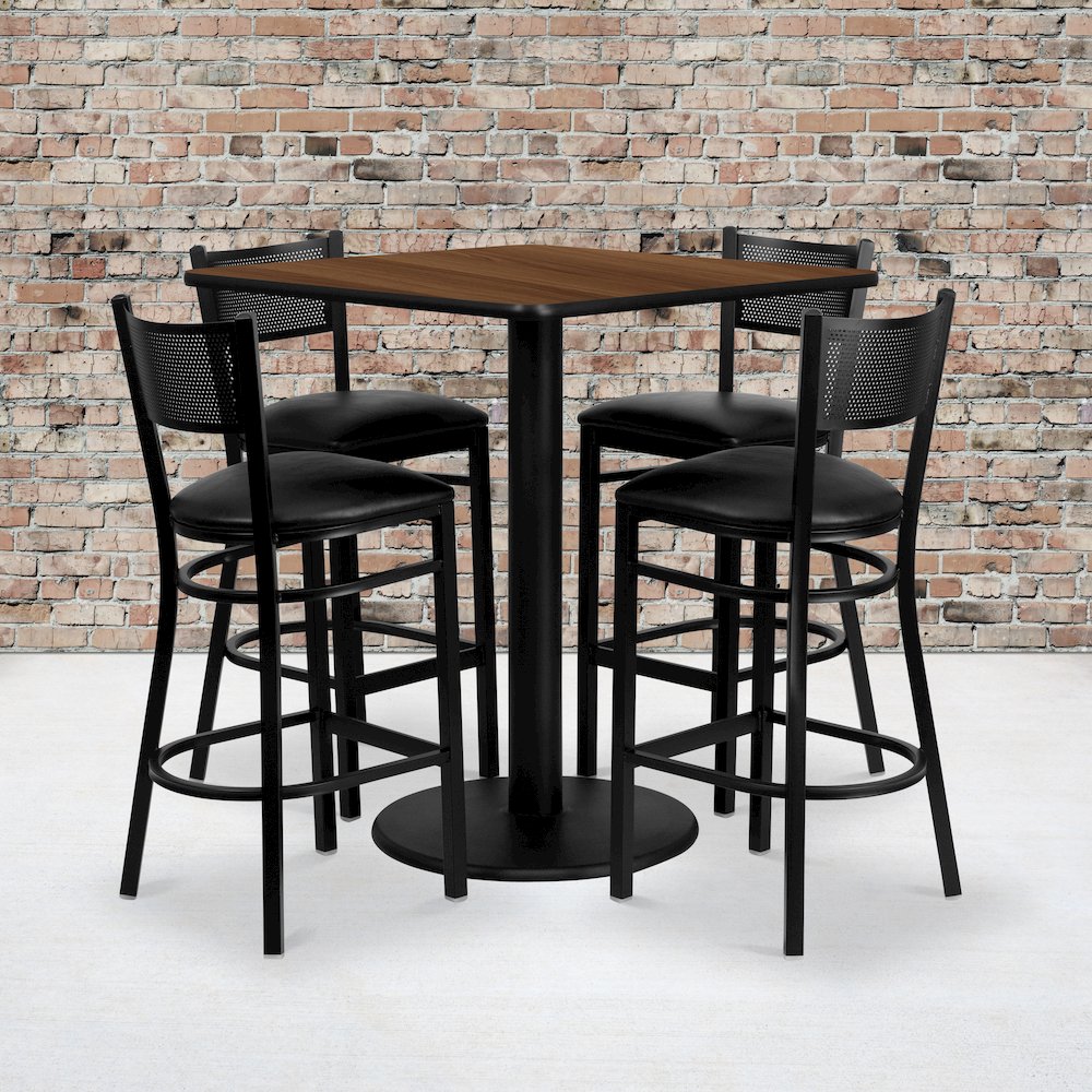 36” Square Walnut Table Set with 4 Grid Back Metal Barstools – Black Vinyl Seat